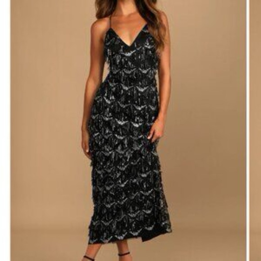 Lulu's Black and Silver Sequin Midi Dress
